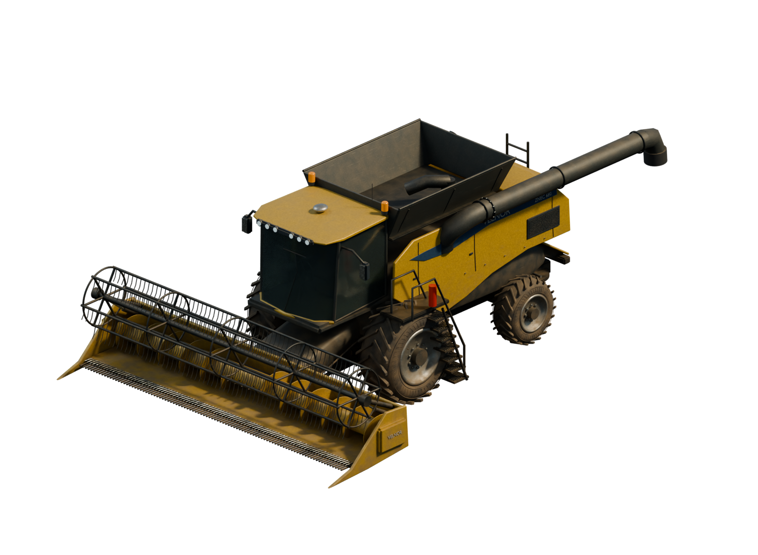 Weathered yellow combine harvester with its cutting header