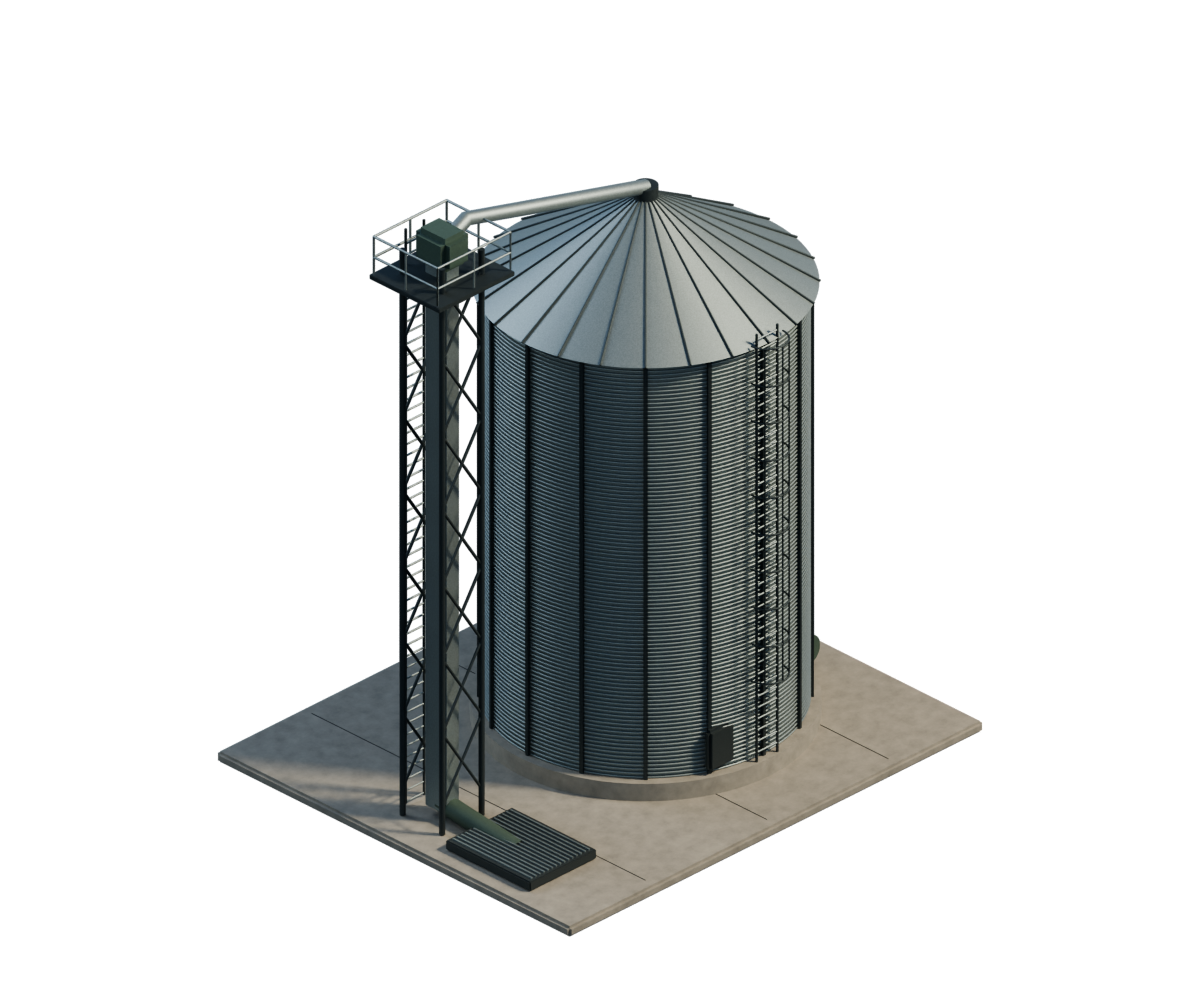 Corrugated steel grain silo with an access ladder and loading structure